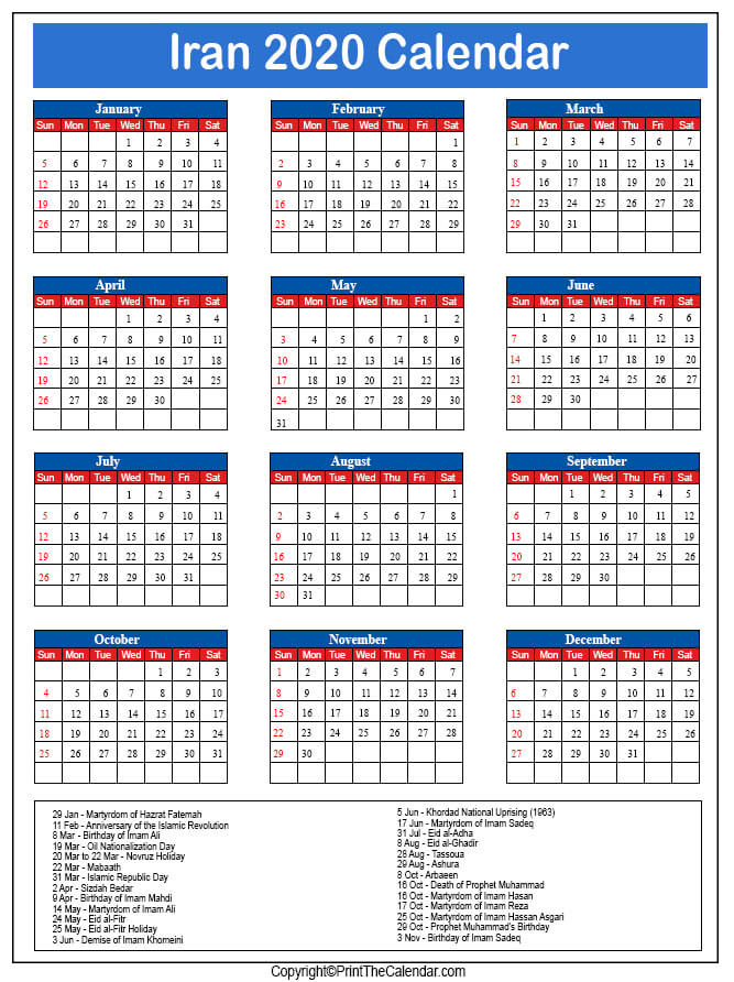 Iran Printable Calendar 2020